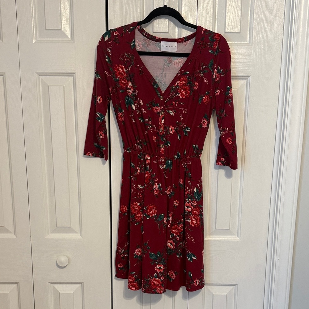 French Grey Red Floral Dress